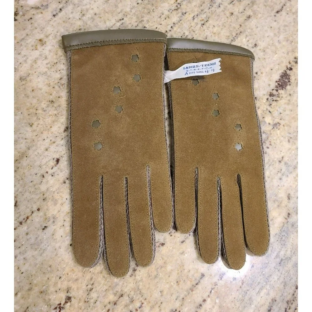 Vintage Women's 6.5-7.5 M Driving Motorcycle Lined Brown Green Stretch Gloves